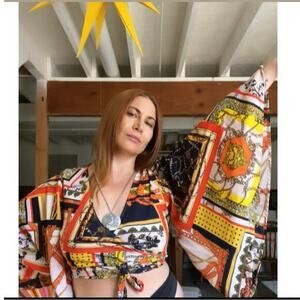 Crop Top, Belled Sleeve, tie around waist, Chain Print, Orange, Blue